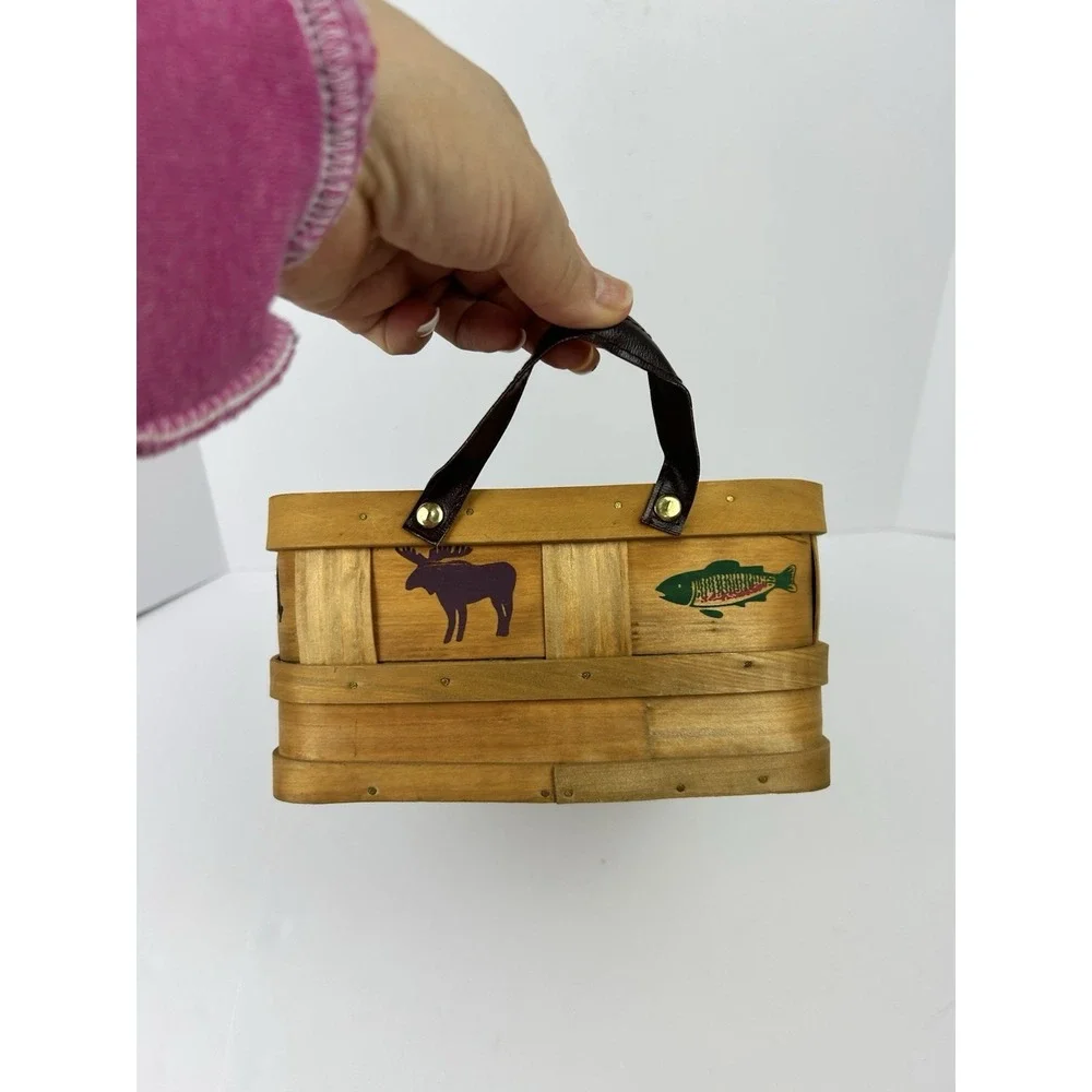 Vintage Rustic Bentwood Basket Bear Moose Fish Leather Handles Cabin Lodge Decor